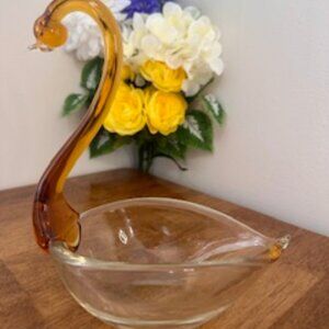 Vintage‎ Murano Glass Swan Figurine – Elegant Amber and Clear Design